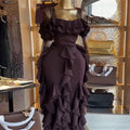 European and american cross-border women's fashion:  autumn new arrivals - sexy and elegant square neck ruffle trim midi bodycon dress