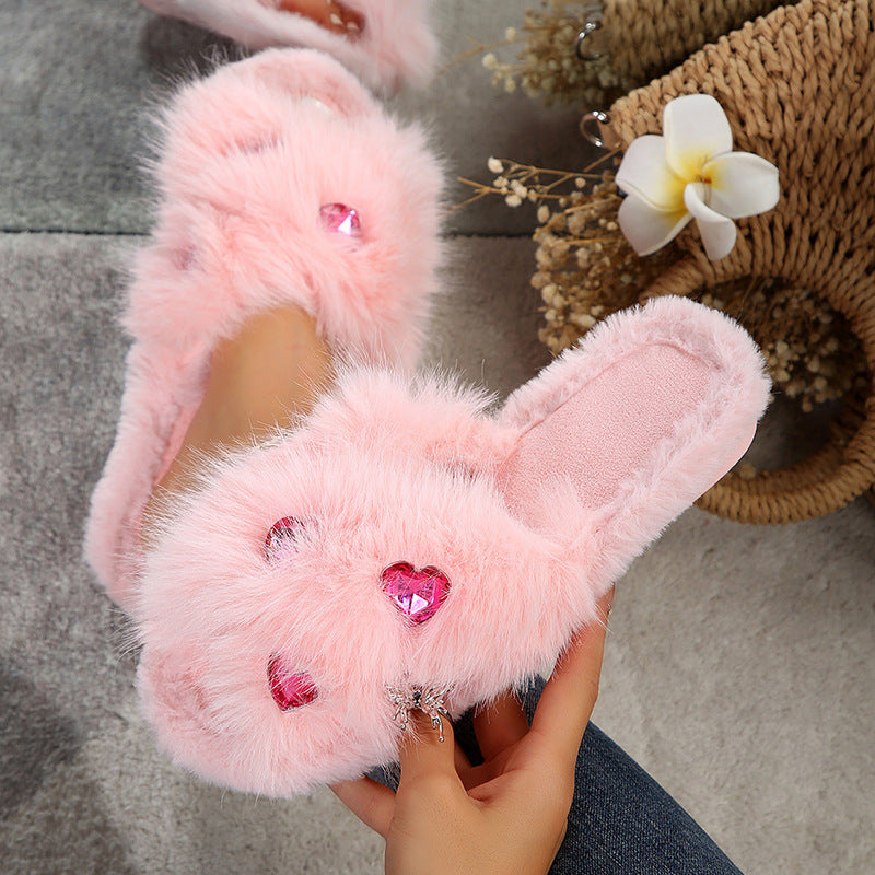 Premium flat fuzzy slippers for women, autumn/winter 2024 new collection, heart-shaped rhinestone embellished plush cotton house slippers