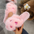 Premium flat fuzzy slippers for women, autumn/winter 2024 new collection, heart-shaped rhinestone embellished plush cotton house slippers