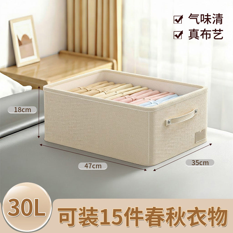 Fabric clothes storage box for wardrobe layering, clothes and pants organizer, cotton linen foldable storage basket for home use