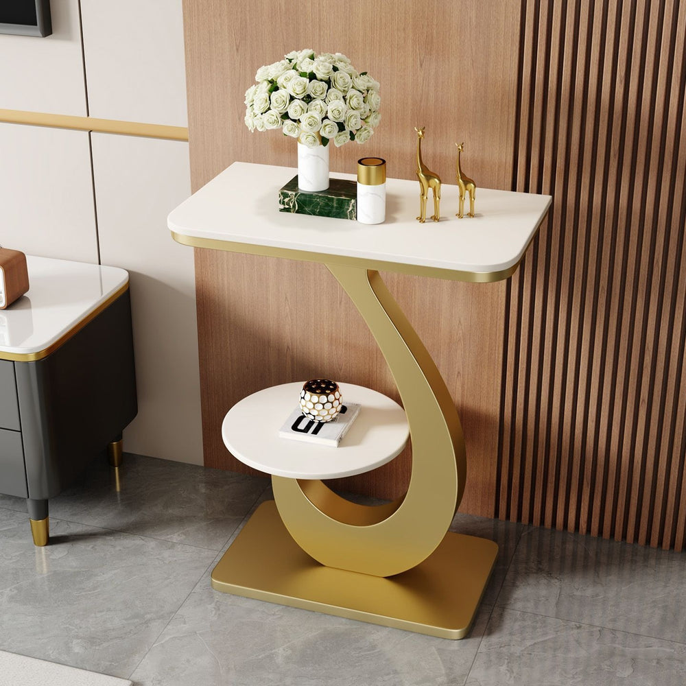 Accessible luxury modern slate side table small coffee table living room balcony double-layer round table sofa corner table side cabinet entrance storage rack