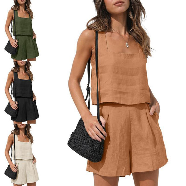 2023  New European and American Foreign Trade Women's 2-piece Casual Set Linen Shorts Sleeveless Top Vest