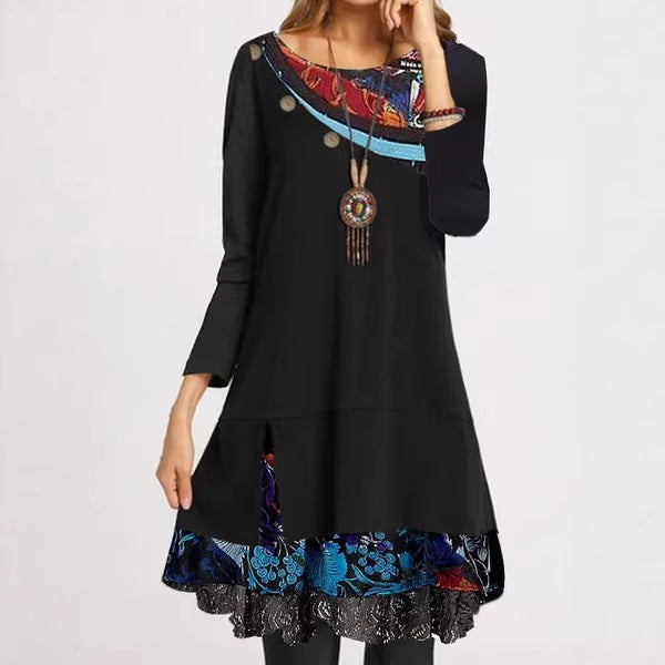 european and american trendy women's lace button fashion print loose long sleeve round neck dress