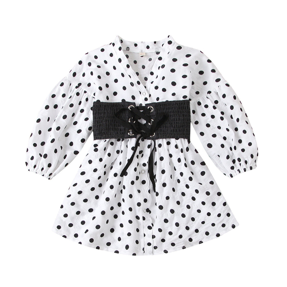 new children's clothing, european and american style, girl's polka dot v-neck petticoat + elastic denim tie two-piece set