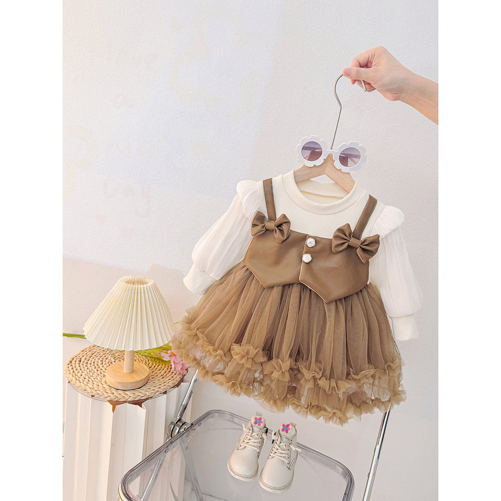 Spring girls' dress  new mesh long sleeve spring korean style fashion solid color chic baby girl dress