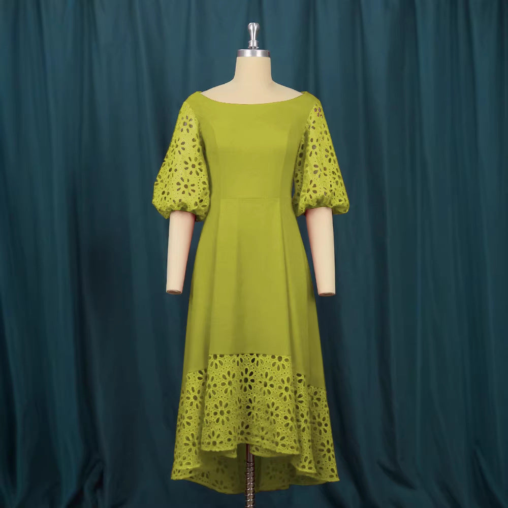 African-inspired elegant cutout bubble sleeve dress - off-the-shoulder, slimming a-line party dress with asymmetrical hem