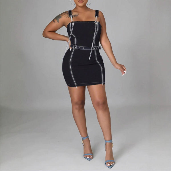 TC70123 #European and American   Women's Double Row Zipper Denim Suspender Dress Denim Dress