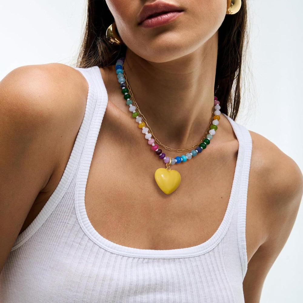 Trendy dopamine crystal seed bead necklace - red glass heart, unique beaded heart, sweet & spicy girl jewelry