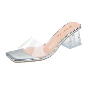 2025 summer new fashion outerwear sandals transparent crystal high heels chunky heel square toe thong sandals women's