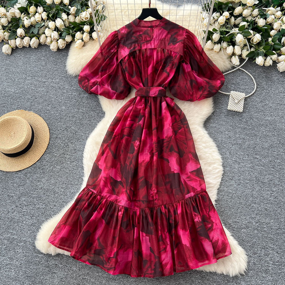 Accessible luxuryfashion styleclassy senseprinting puff sleevedressfemale summer strap waist royal sisterelegant large swing skirt