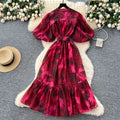 Accessible luxuryfashion styleclassy senseprinting puff sleevedressfemale summer strap waist royal sisterelegant large swing skirt