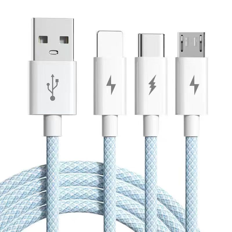 66w fast charging 3-in-1 braided data cable - macaron color, single to triple, car mount compatible, multi-head, suitable for apple, huawei, and android devices