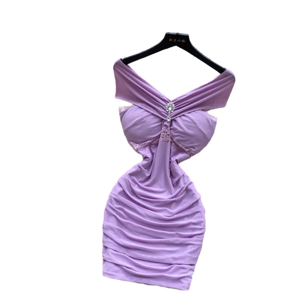 Spicy girl style purple sexy off-the-shoulder mini dress - women's summer slim fit bodycon high waist a-line skirt