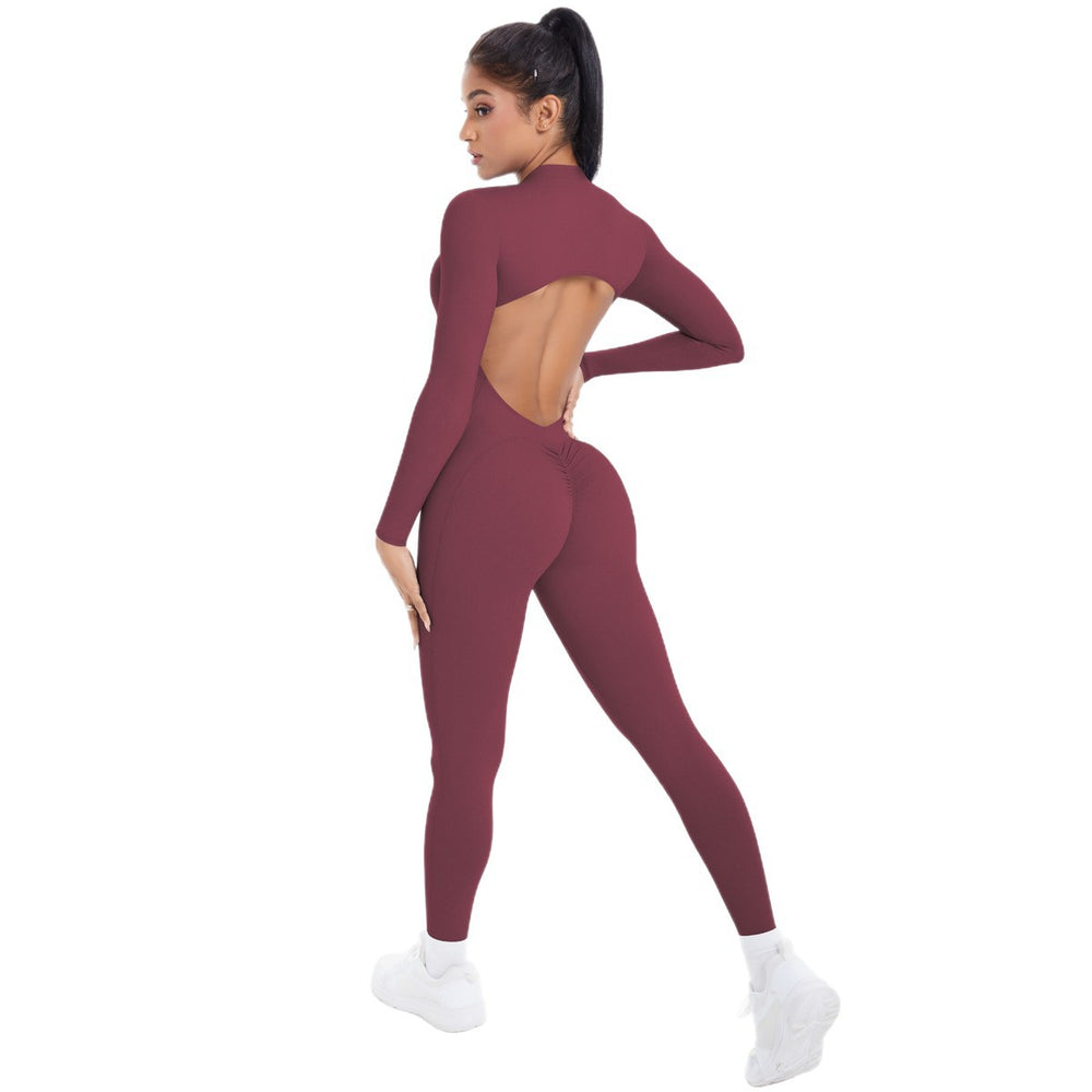 Half-zip, back-smoothing, butt-lifting yoga bodysuit. long, one-piece design for outdoor leisure, running, and fitness activities. women's activewear