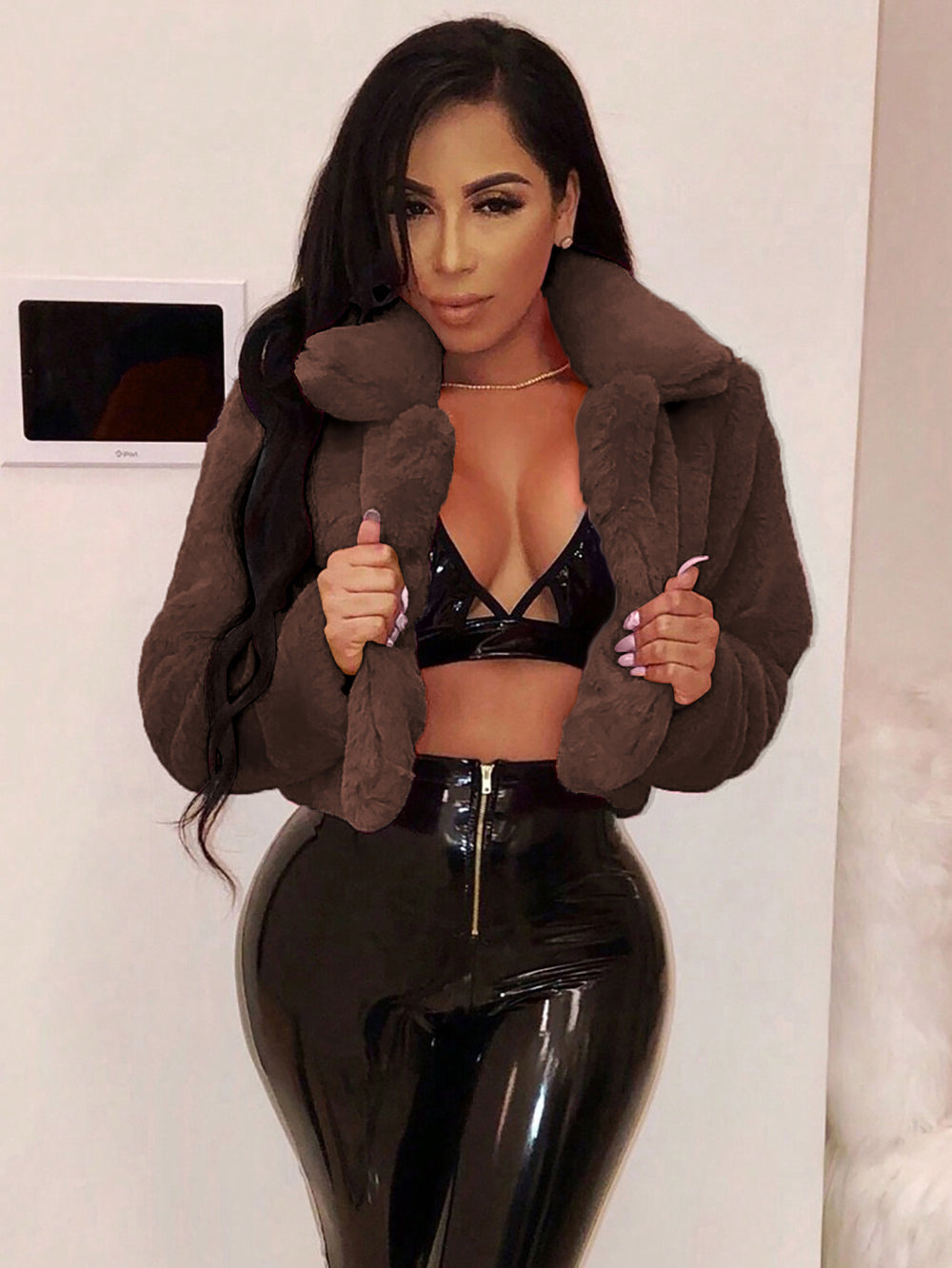 S391021 european and american autumn/winter oversized faux fur cardigan jacket