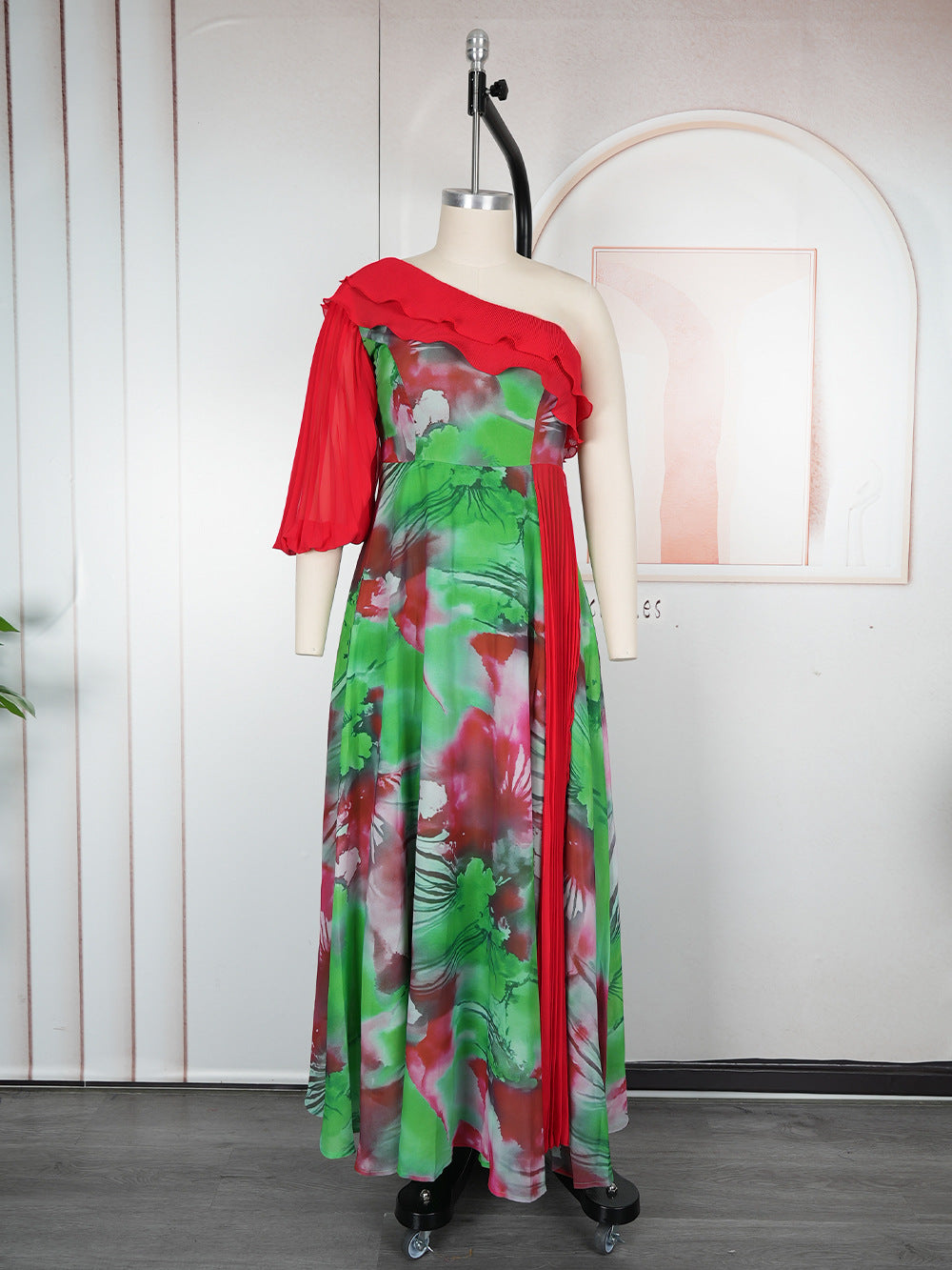 African plus size women's printed off-the-shoulder dress -  export fashion european and american cross-border spring/summer chiffon maxi dress