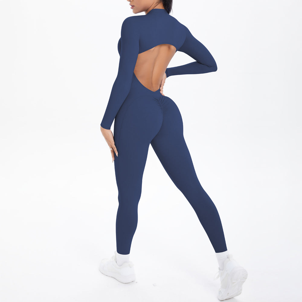 New arrival cross-border double-sided brocade pure color beautiful back cut outlong sleeves jumpsuit sports running fitness yoga wear jumpsuit