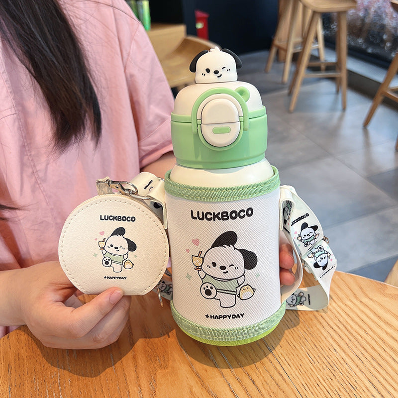 New cartoon character double-drink kids' thermos cup, 316 stainless steel food-grade water bottle with sleeve and straw