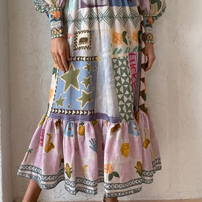 cross-border e-commerce women's fashion: european and american summer new arrivals - printed lantern sleeve, cinched waist, maxi swing dress 661