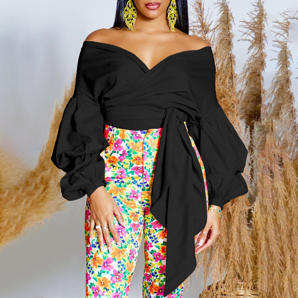 D486 new arrival: summer fashion solid color off-shoulder criss-cross tie-up puff sleeve sexy v-neck blouse - african style top
