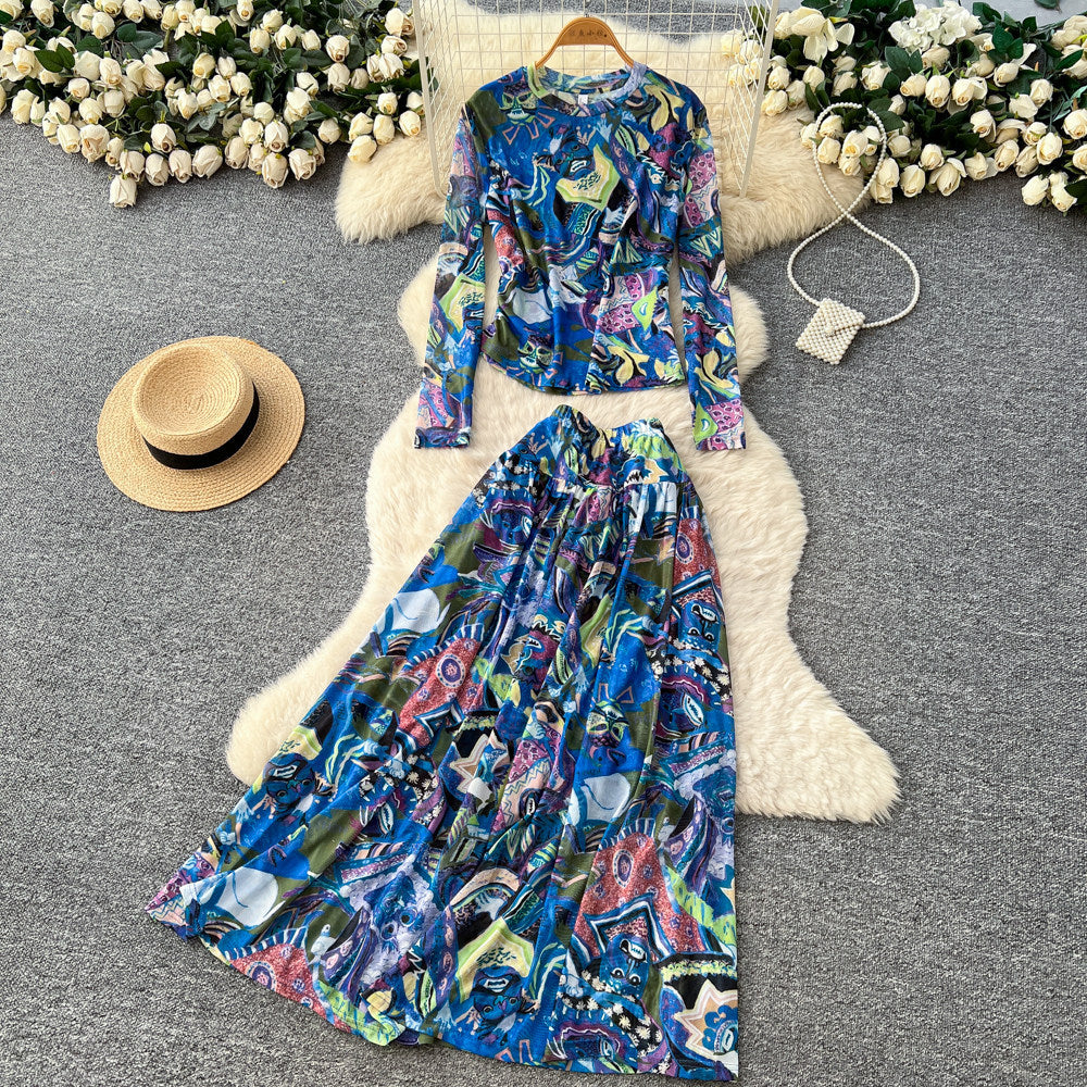 Lightly mature outfit for women fashionfashionprinting round neck long sleevest-shirt tops+high waistdraped large hem skirtsuit