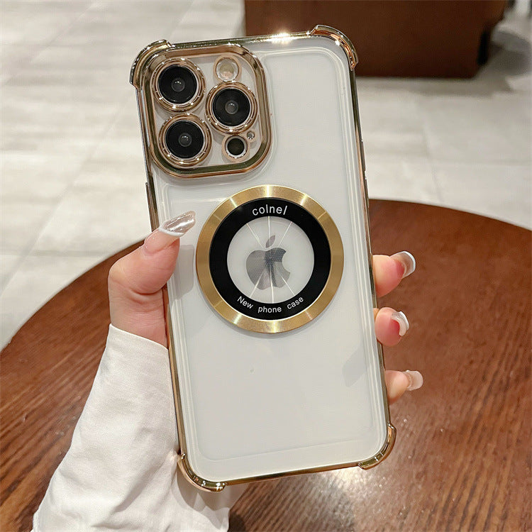 Four-corner anti-fall electroplating suitable for apple 16pro double-circle magnetic mobile phone case iphone12/14 simple protective cover