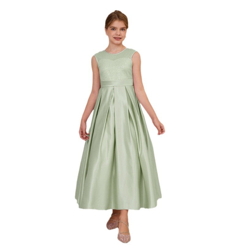Custom-made girls' formal dresses for export: v-neck, bow accent, long princess dress for mid-to-large children, european and american style satin skirt