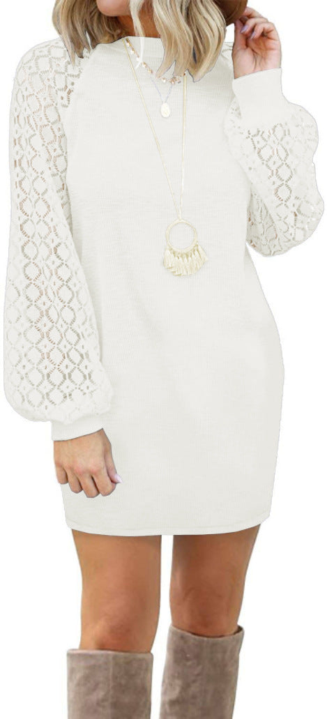 foreign trade   european and american new women's patchwork lace long sleeve knit dress