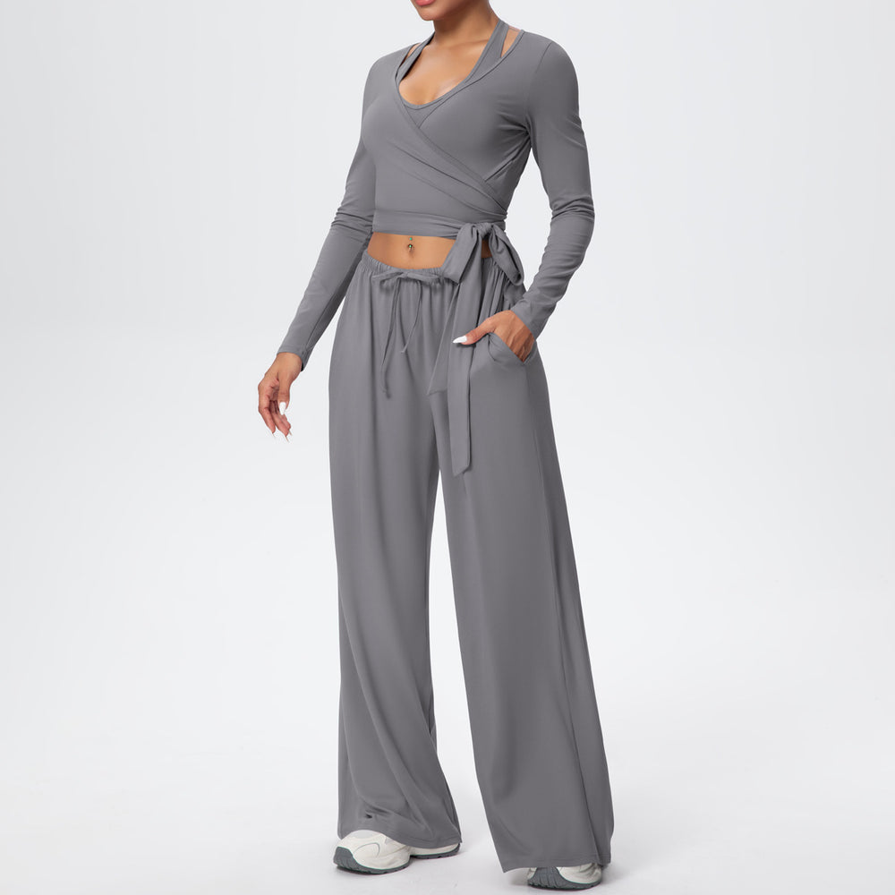 New brushed fleece quick-dry yoga outfit set - three-piece activewear with drawstring and tie details for sports, outdoor training, running, and fitness