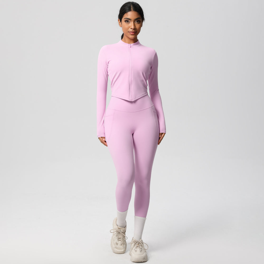 European and american nude feel compression zip-up yoga set - high-waisted pocket quick-dry activewear running fitness two-piece outfit