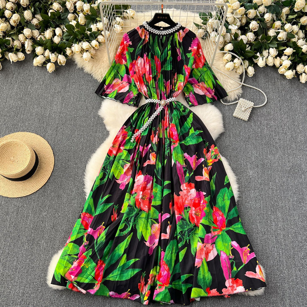 European and american high-end elegant dress - new women's beaded round neck short sleeve cinched waist loose pleated printed maxi dress