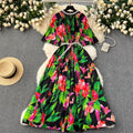 European and american high-end elegant dress - new women's beaded round neck short sleeve cinched waist loose pleated printed maxi dress