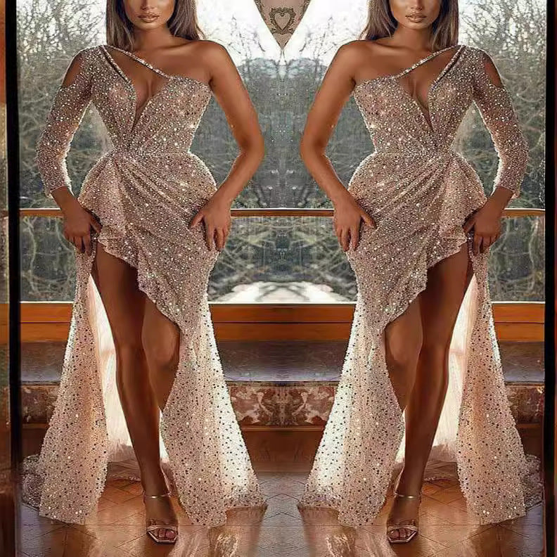 cross-border women's dreamy socialite party high-quality sexy high-slit long sleeve sequin banquet evening gown