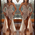 cross-border women's dreamy socialite party high-quality sexy high-slit long sleeve sequin banquet evening gown