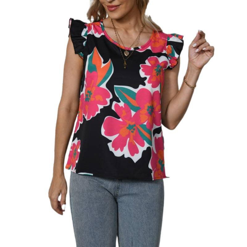 cross-border black base colorful floral print flutter sleeve top - women's