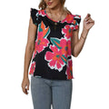 cross-border black base colorful floral print flutter sleeve top - women's