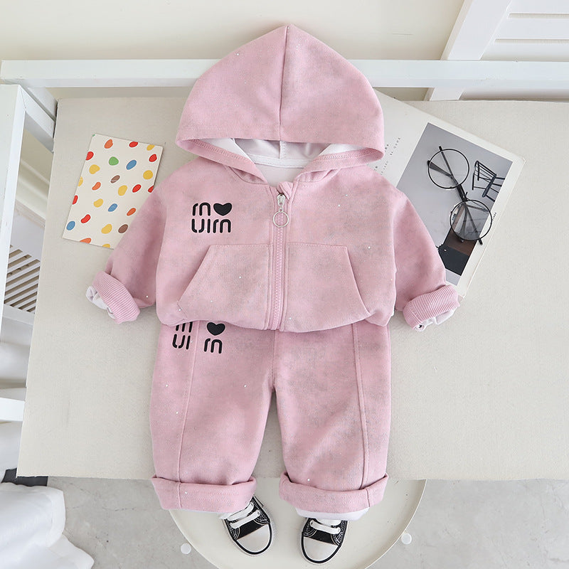 new trendy kids' fashionable baby spring/autumn letter & heart hooded long sleeve two-piece set - girls' spring outfit