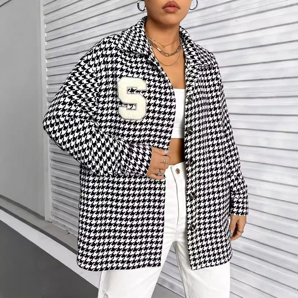 Ready-to-ship 53250# cross-border fashion women's new autumn/winter retro color block houndstooth turn-down collar jacket