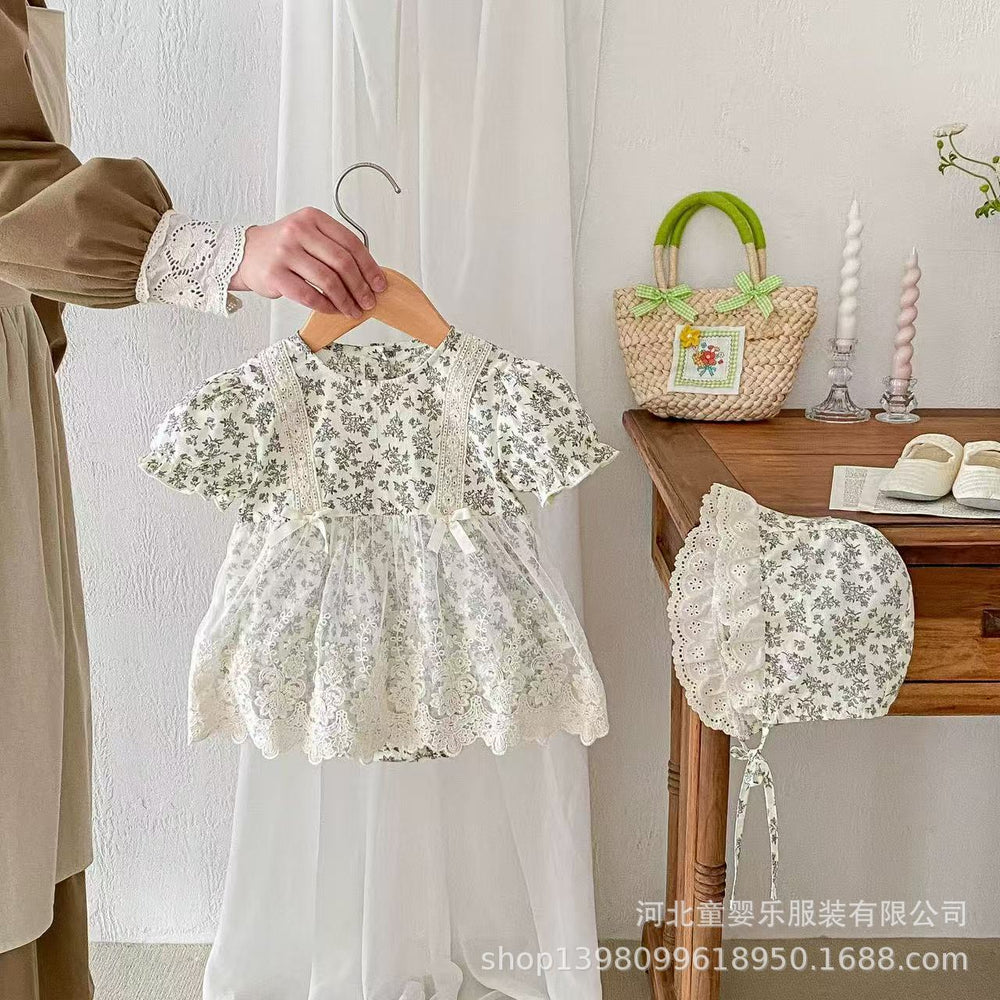Newborn baby summer romper dress - baby girl short sleeve lace outfit - 100-day celebration dress - princess style outerwear - crawling suit - trendy