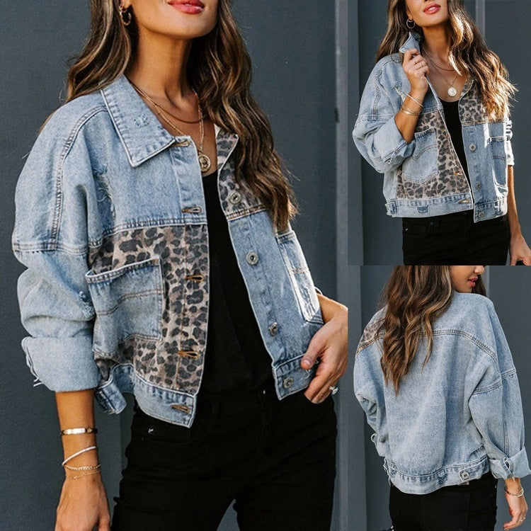 Fashion cross-border independent station  new leopard print fashion printing stitching ripped denim topscasualoutwear
