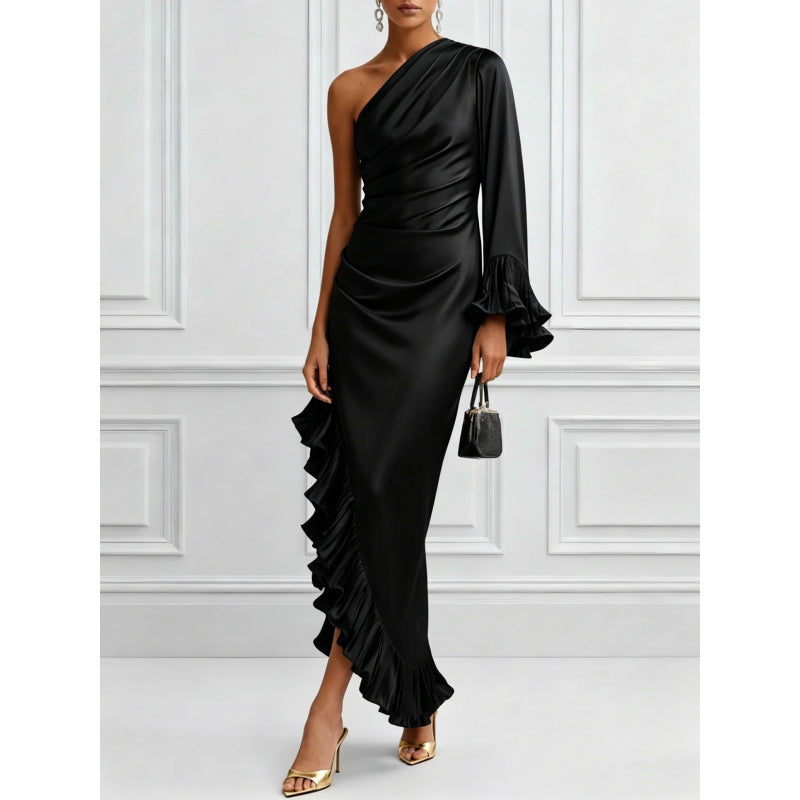 European and american cross-border new arrival: solid color satin off-the-shoulder sexy ruched asymmetrical dress