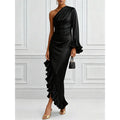 European and american cross-border new arrival: solid color satin off-the-shoulder sexy ruched asymmetrical dress