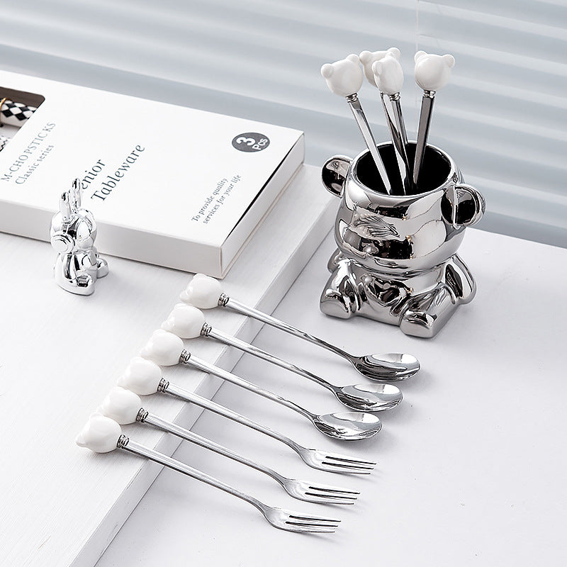 Ceramic bear stainless steel fruit fork set - stylish fruit picks, home use, light luxury forks and spoons, wholesale fruit forks