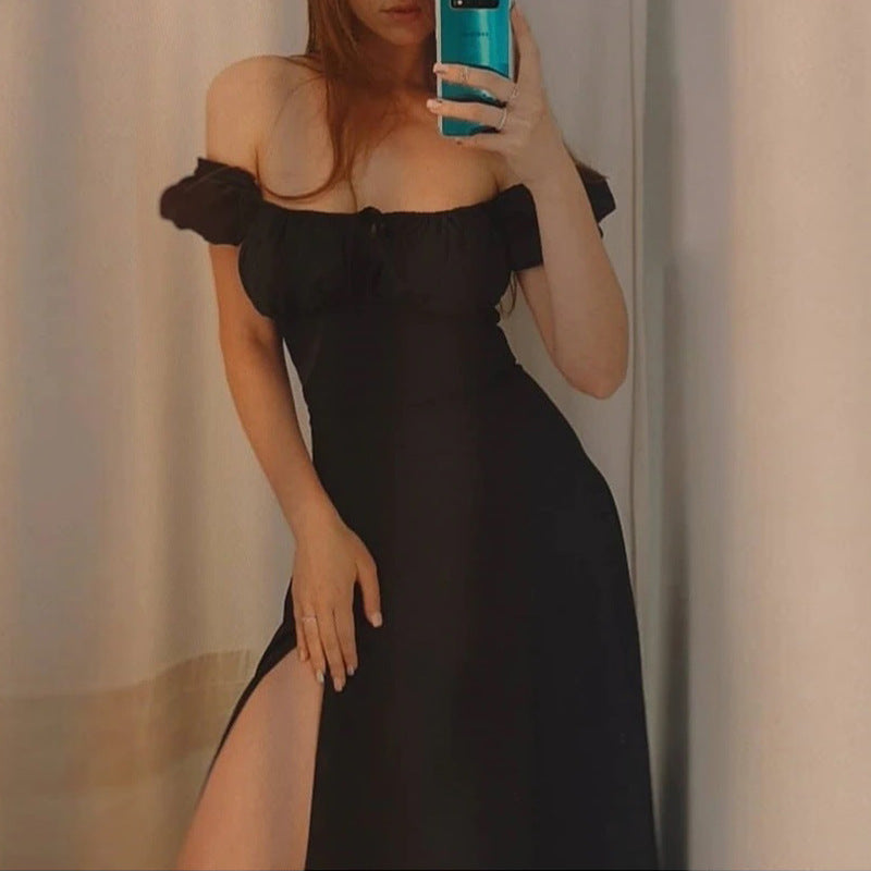 cross-border e-commerce european and american women's clothing: new summer collection - bubble sleeve, high-waisted, slit, solid color vacation dress