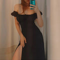 cross-border e-commerce european and american women's clothing: new summer collection - bubble sleeve, high-waisted, slit, solid color vacation dress