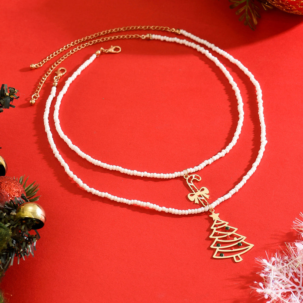 Christmas necklace wholesale fashion three-dimensional metallic candy christmas tree pendant women's high-end rice beads clavicle chain