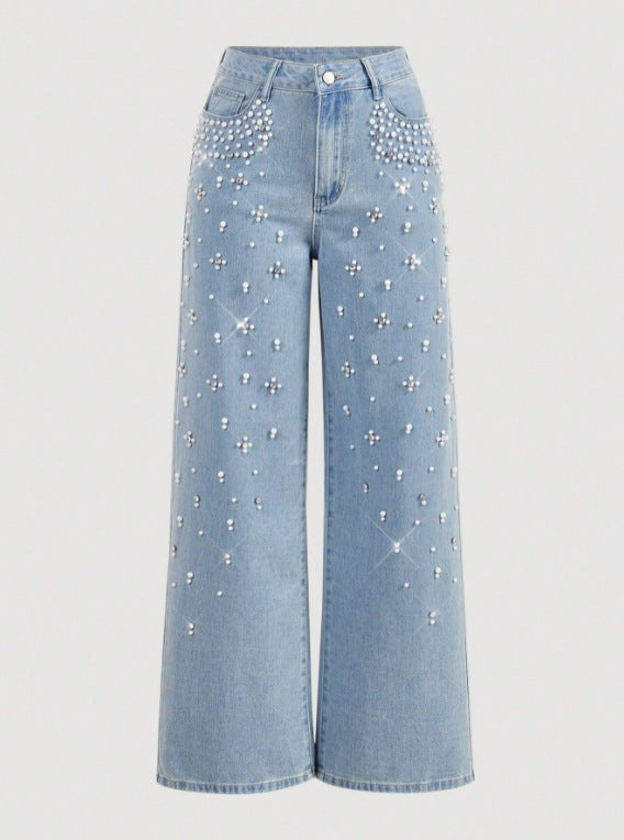 new arrivals: , tiktok, pinduoduo, cross-border e-commerce, european & american style, washed denim, beaded women's trousers