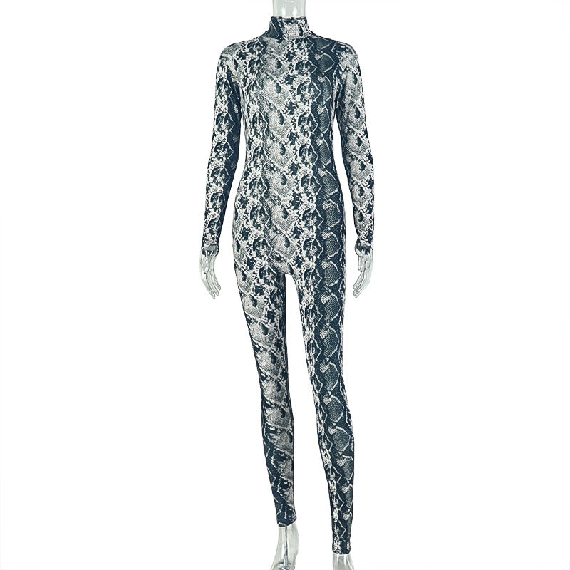 European and american style cross-border printed slim-fit women's jumpsuit - high neck, long sleeve, retro chic, trendy bodysuit