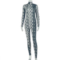 European and american style cross-border printed slim-fit women's jumpsuit - high neck, long sleeve, retro chic, trendy bodysuit