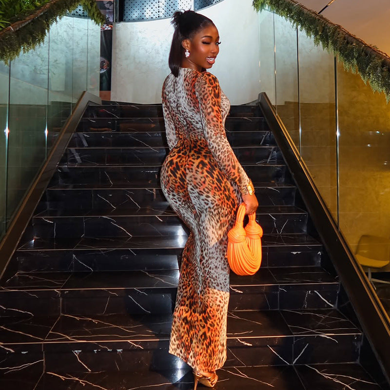European and american style cross-border fashionable women's leopard print stretch bodycon dress - round neck, long sleeve, elegant mini dress